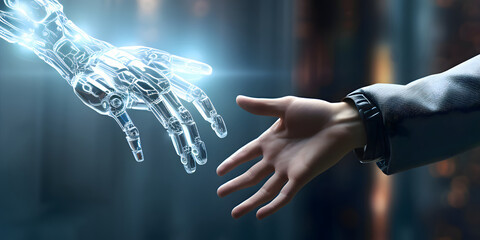 Contact between a cyber hand hand a human hand - Technologies and artificial intelligence concept