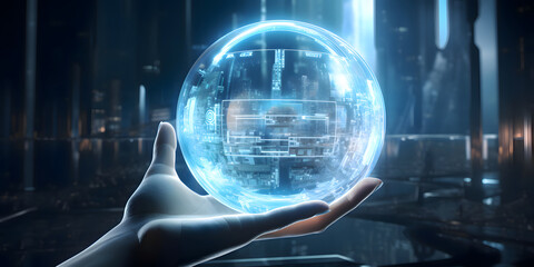 Obraz premium A hand holding a transparent numeric sphere - Technologies and artificial intelligence concept