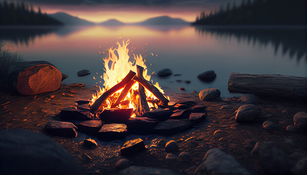 Glowing campfire by the lake. Sunset with open flames, fire, and logs. Camping on the beach at night. Serene lake landscape Ai generated image