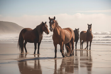 A wild horses walking down a beach. Generative AI