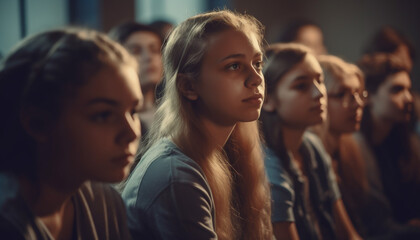 Obraz premium Smiling teenagers studying together in classroom fun generated by AI