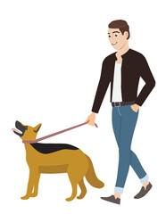 Cartoon Man Character Walking His Dog. PNG Image.