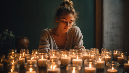 One young woman meditating, holding candlelight, serene generated by AI