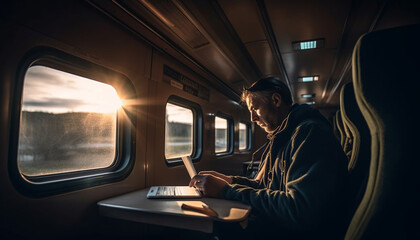 Fototapeta na wymiar Men holding digital devices, traveling on public transportation generated by AI