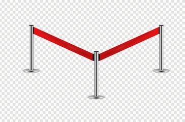 Silver barrier with red ribbon for VIP Presentation. Realistic fencing for exclusive entrance or security zone. Red rope for exhibition halls and car dealerships. - obrazy, fototapety, plakaty