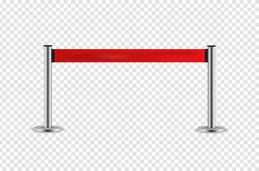 Silver barrier with red ribbon for VIP Presentation. Realistic fencing for exclusive entrance or security zone. Red rope for exhibition halls and car dealerships. - obrazy, fototapety, plakaty