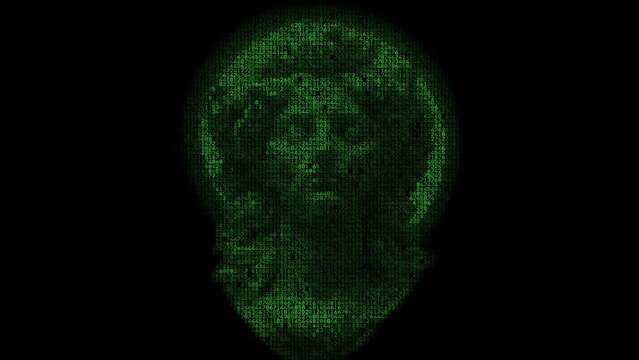 Seen through the matrix (green random character creating the image): a fierce greek statue head of a female warrior or goddess, with vaporwave vibes, zoom in.
