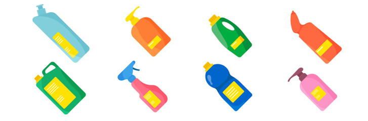 set of soda drinks in plastic and aluminum packaging. Sparkling water with different flavors. Bottled drink, vitamin juice, sparkling or natural water in tanks, plastic bottles. Vector illustration.