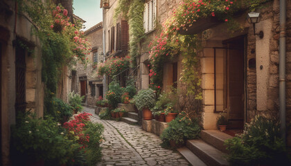 Multi colored flowers adorn old French courtyard at dusk generated by AI