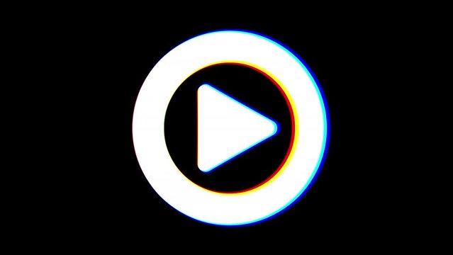 Intentional RGB distortion effect: a shaking animation of a Play symbol, arrow inside a circle. White shapes, black background.
