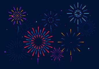 Fototapeta na wymiar Set of colorful fireworks. Festive explosion of fireworks with stars and sparks. Party, festival, feasts, multi-colored sky, explosion stars. Celebrations birthday or Christmas. Vector illustration