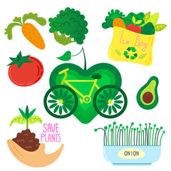 Ecology flat vector concept illustration on green positive thinking. Waste sorting, Recycling, Green energy, Save the planet, bio farming. Creative landing web page illustrations set.
