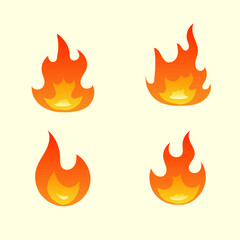 Flame, fire set, light effect. Burning fire. Multi-colored flame in a popular flat style. Simple illustration isolated on background for web, print, decoration, bonfire night.