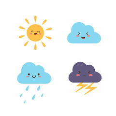 Four different weather icons in kawaii style. Vector illustration in flat style.