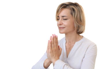 Middle aged woman praying, eyes opened, looking up, hoping for best, asking for forgiveness on a transparent background