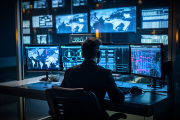 In the System Control Room Technical Operator Sits and Monitors Various Activities Showing on Multiple Displays with Graphics. Responsibility for Information Security in the Company Concept