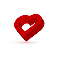 3D shape red heart for Valentines day. Red hearts in minimal design on isolated on white background. Love and romance.