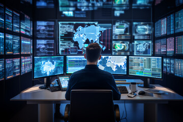 Naklejka premium In the System Control Room Technical Operator Sits and Monitors Various Activities Showing on Multiple Displays with Graphics. Responsibility for Information Security in the Company Concept