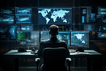 In the System Control Room Technical Operator Sits and Monitors Various Activities Showing on Multiple Displays with Graphics. Responsibility for Information Security in the Company Concept