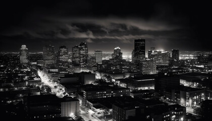 Dramatic cityscape at dusk, black and white generated by AI