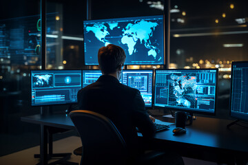 Obraz premium In the System Control Room Technical Operator Sits and Monitors Various Activities Showing on Multiple Displays with Graphics. Responsibility for Information Security in the Company Concept