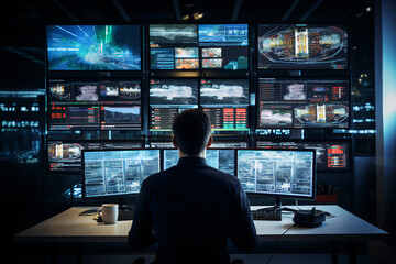 Fototapeta premium In the System Control Room Technical Operator Sits and Monitors Various Activities Showing on Multiple Displays with Graphics. Responsibility for Information Security in the Company Concept