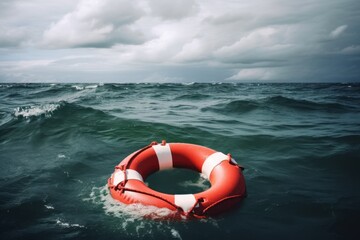Naklejka premium Dramatic ocean rescue scene with stormy sky, red lifebuoy floating in the water. Rescue is looking for the survivors. Generative AI