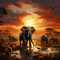 Fototapeta na wymiar elephants at sunset