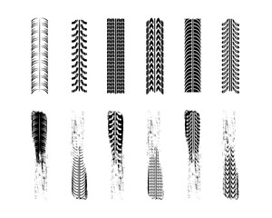 Traces car tires and tracks on a white background. Realistic composition traces. Tire change car service. Motocross, bike path, car track or auto racing. Vehicle icon - minimum symbol.