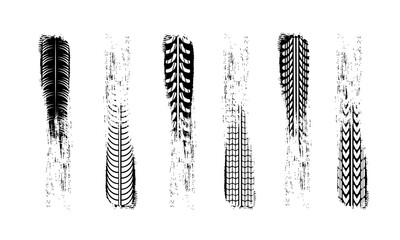 Traces car tires and tracks on a white background. Realistic composition traces. Tire change car service. Motocross, bike path, car track or auto racing. Vehicle icon - minimum symbol.