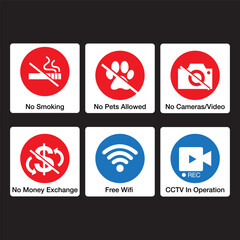 Set of signs at the entrance to the store or shop. No Pets Allowed, No Smoking, No Cameras, Video, No Money Exchange, Free wifi, CCTV in operation. Eps 10 vector illustration.