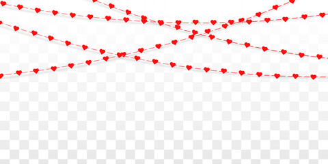 Bright red hearts hang on a rope on a white background. Garland with hanging hearts. Greeting card for Valentines day. Love and romance background, minimal style. Vector illustration, EPS 10.