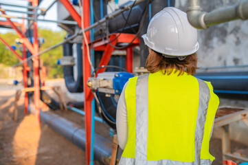 Environmental engineers work at wastewater treatment plants,Water supply engineering working at Water recycling plant for reuse,Check the amount of chlorine in the water to be within the criteria.