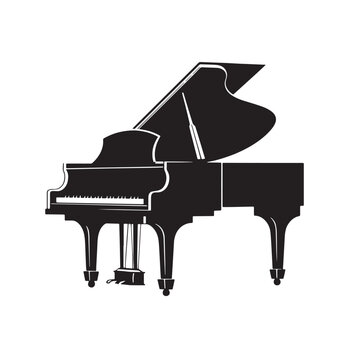 Piano silhouette, grand piano, Music, pianist. Musical instrument, isolated on white background.