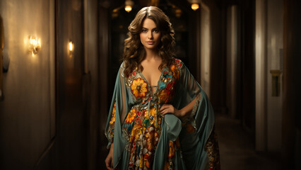 Fototapeta premium Hübsche Marokanerin im traditioneller Kleidung im Kimono Stil bunt mit Blumen, ai generativ