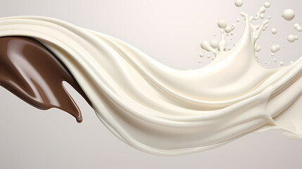 Dynamic portrayal of a milk splash blending with chocolate, creating a creamy yogurt wave, generative by AI. - obrazy, fototapety, plakaty
