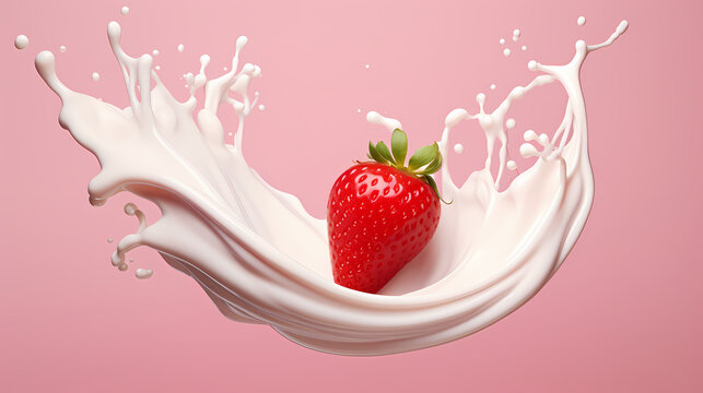 Dynamic interaction of milk splash with strawberry, creating a smooth wave of yogurt and cream, generative by AI.