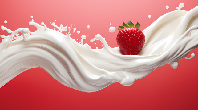 Dynamic interaction of milk splash with strawberry, creating a smooth wave of yogurt and cream, generative by AI.