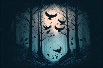 Vintage Mystery and Macabre Background illustration Dark and eerie Painting Forest with ravens 