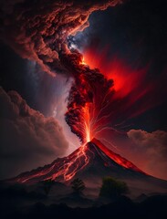 A majestic volcano is erupting spewing hot lava and ash into the sky The lava is a deep red and orange flowing down the sides of the volcano like a river of fire The sky is dark and filled with 