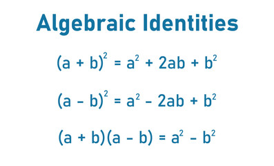 Fototapeta na wymiar List of standard identities in mathematics. Algebraic identities. Important identities. Algebra basic formula. Mathematics resources for teachers and students.