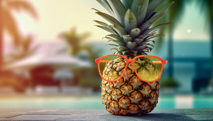 Pineapple hipster in sunglasses on a tropical beach. Tropical summer holiday concept. Happy holidays on the coast of a tropical island.