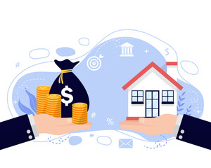 business holding home and coin,bag money. home loan concept. real estate investment. vector illustration flat design.banking and trading transaction.