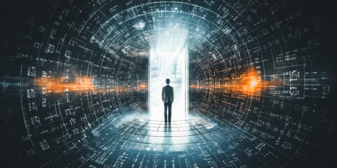 Back view of businessman in front of a futuristic tunnel with binary code