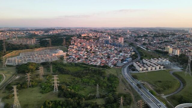 Aerial view of the region of Interlagos and Cidade Dutra in S&atilde;o Paulo. Houses, buildings and car traffic during late afternoon in 2023.