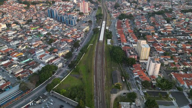 Aerial view of the region of Interlagos and Cidade Dutra in S&atilde;o Paulo. Houses, buildings and car traffic during late afternoon in 2023.