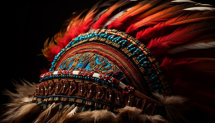 Indigenous elegance in vibrant feather headdress design generated by AI