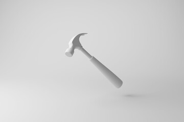 White hammer floating in mid air on white background in monochrome and minimalism. Illustration of the concept of construction tools and utilities of builders
