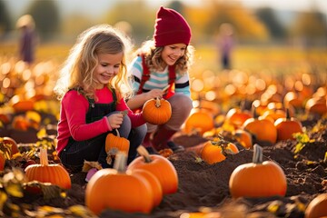 Kids picking pumpkins on Halloween pumpkin patch - obrazy, fototapety, plakaty