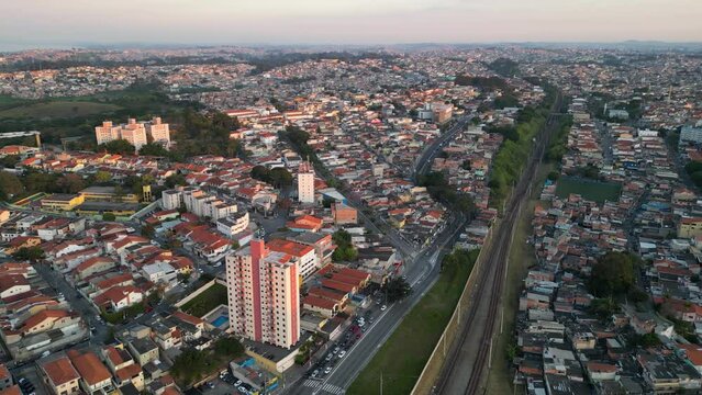 Aerial view of the region of Interlagos and Cidade Dutra in S&atilde;o Paulo. Houses, buildings and car traffic during late afternoon in 2023.